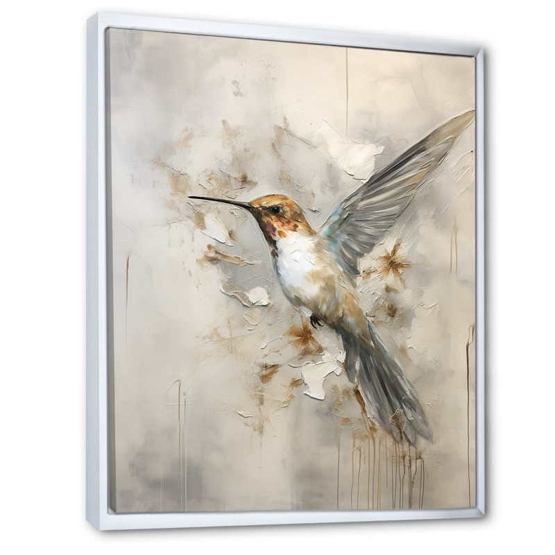 Colibri floral flottant II - Art mural colibri, Cadre flottant blanc, H 32 po x l 16 po x P 1 po