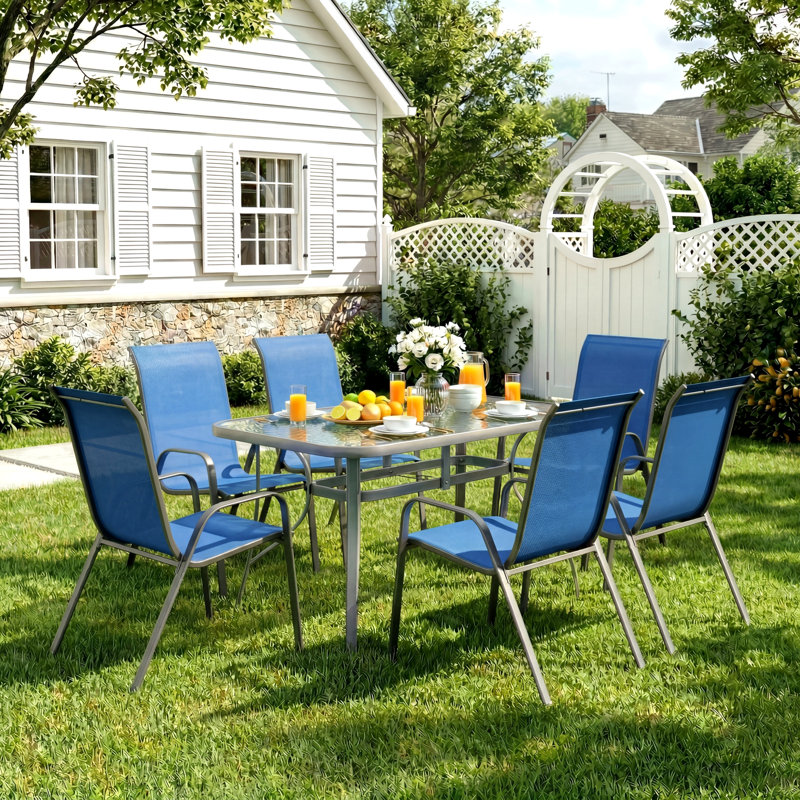  Patio Dining Set For 6, Outdoor Table And Chairs With 1.69″ Umbrella Hole, All Weather Patio Furniture Set, 30"X 55" Table And Stackable PVC-coated polyester Chair, For Lawn, Deck (Umbrella Not Included) (Gray Table and Navy Blue chairs)
