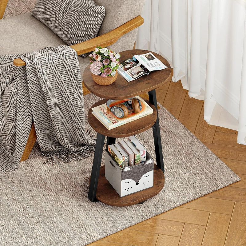 Table d'appoint, petite table de bout avec structure en métal, tables de chevet à 3 niveaux, tables d'appoint rondes pour salon, canapé-lit, salle de bain, ovale, brun rétro