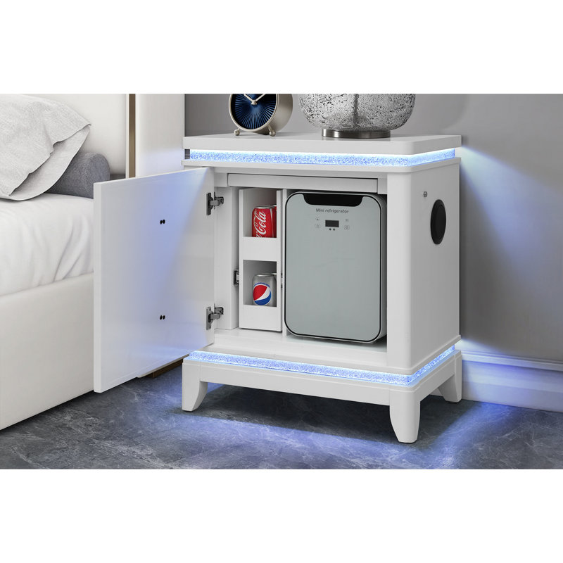 Table de chevet blanche avec glacière, USB et haut-parleur Adalid