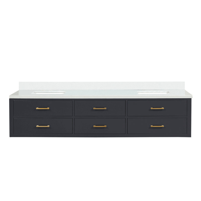 Meuble-lavabo double 84 po X P 22 po D, avec plateau en quartz blanc, 84", Noir, Doré