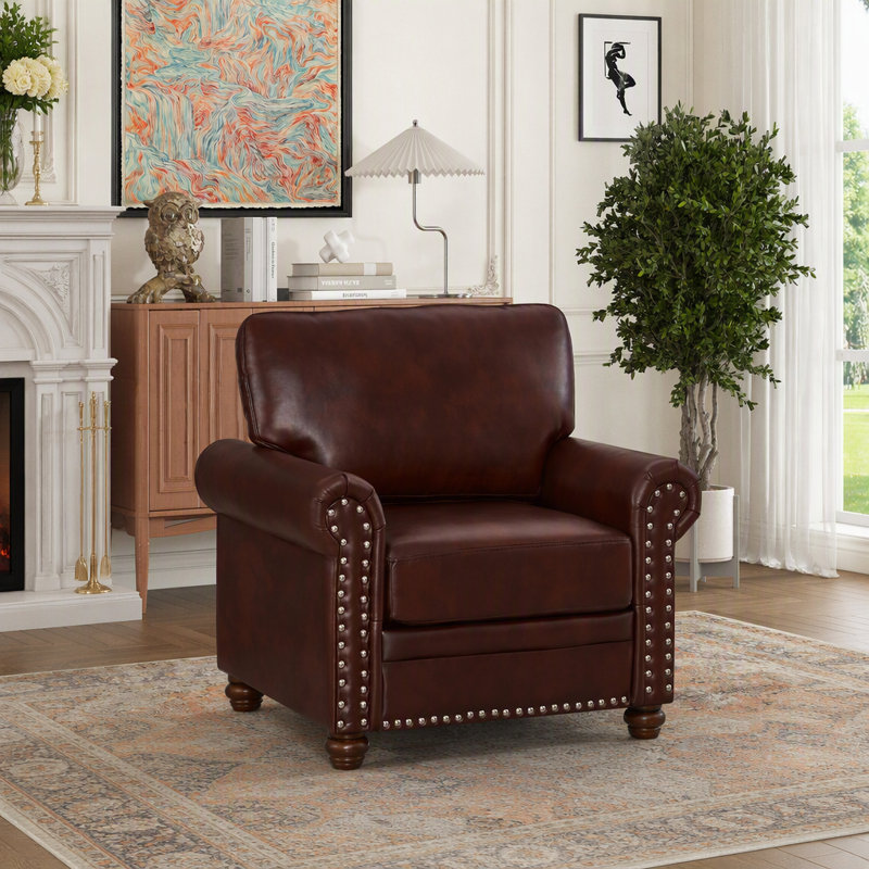 Fauteuil club simple en similicuir bourgogne avec pieds en bois, L 35,8 po, Polyuréthane bourgogne