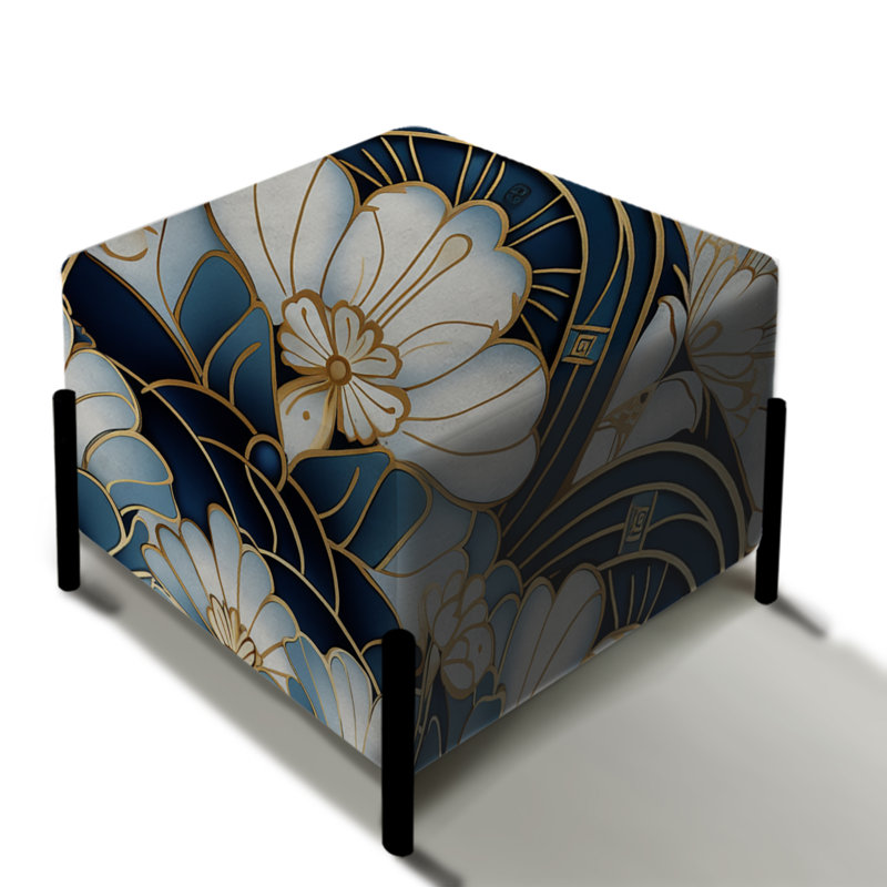 Art déco damas bleu et blanc des années 1970 - repose-pieds carré damassé