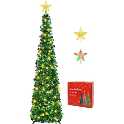 Arbre de Noël pliable et pliable de 1,5 m avec étoile dorée lumineuse, guirlandes DEL blanc chaud et décorations vertes pour les fêtes.