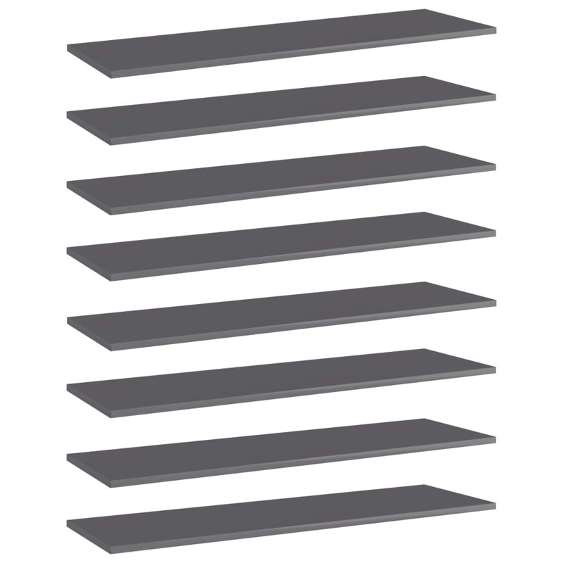 Bookshelf Boards 8 pcs Engineered Wood, High Gloss Gray, (8 Shelves) 0.59" H x 39.37" W x 11.81" D
