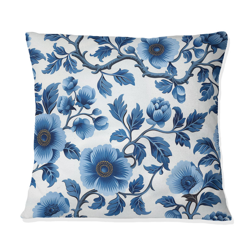 Cobalt bleu floral transitionnel IV - Coussin décoratif transitionnel, H 16 po x l 16 po