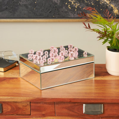 Cole And Glass Mirrored Decorative Jewelry Box With Pink Bubble Textured Balls