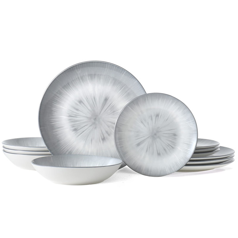 Starburst Gray 12-Piece Porcelain Dinnerware Set, Service for 4