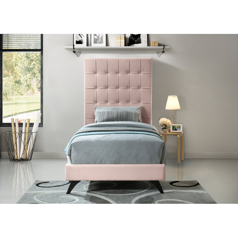 Lit plateforme tapissier Elly, Velours rose, Lit simple