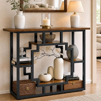 Console de 41,3 pouces pour l'entrée, canapé étroit à 2 niveaux avec tablettes de rangement, table d'appoint pour vestibule, vestibule, salon, chambre à coucher, brun rustique