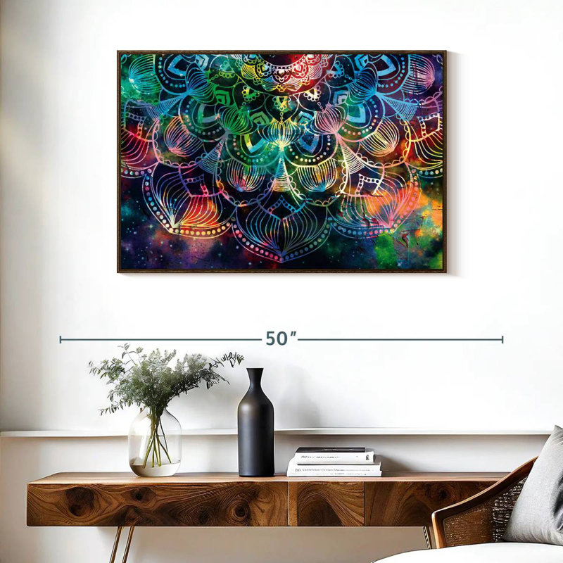 Mandala céleste, 37 po x 25 po, Cadre flottant en noyer