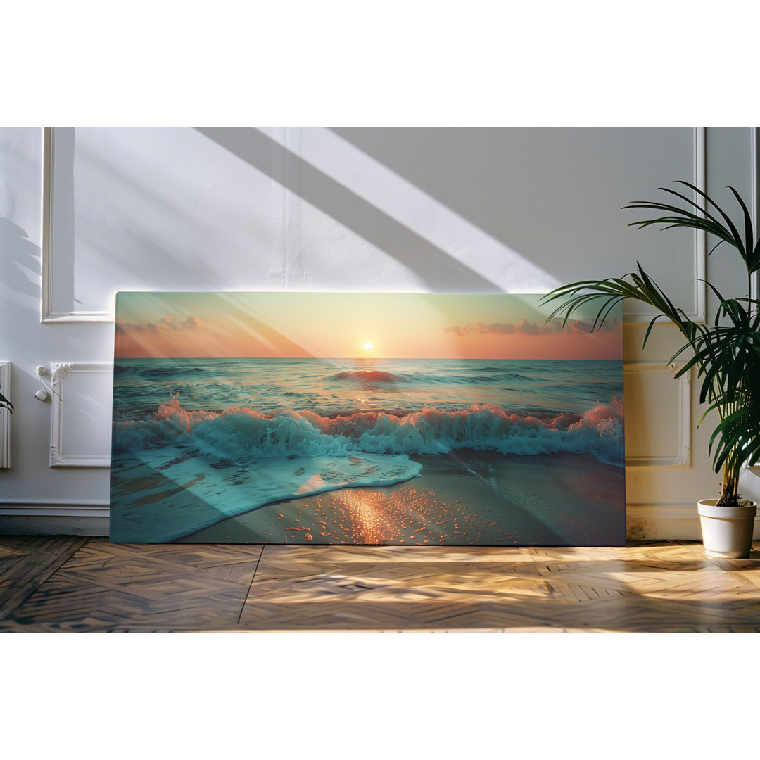 Leinwandbild gerahmt 120x60cm Sonnenuntergang Ozean Meer Strand roter Himmel