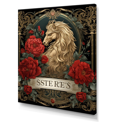 " Retro Portrait Of White Horse With Red Roses I "