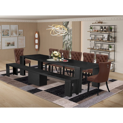 Ensemble de table de salle à manger 9 pièces Xtenczar comprenant une table de cuisine rectangulaire, un banc en bois et 7 chaises de salle à manger en tissu de polyester bourgogne