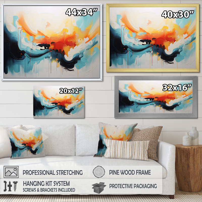 Bleu et orange, vagues abstraites colorées V - art mural abstrait, Cadre d'angle fermé noir, H 24 po x l 32 po x P 1 po
