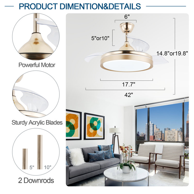 42" Retractable Ceiling fan with Light, 6-Speed Latest DC Motor Remote Control Ceiling Fan, Gold with Transparent Blades