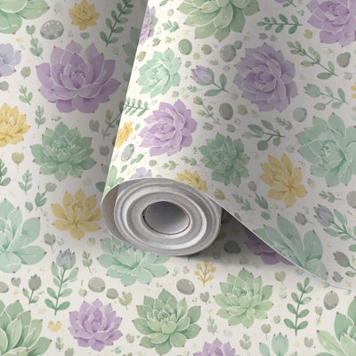 Peel and Stick Wallpaper Contact Paper Pastel Succulent Green Lavender Yellow Echeveria Self Adhesive and Removable 24in x 118in(60x300cm)