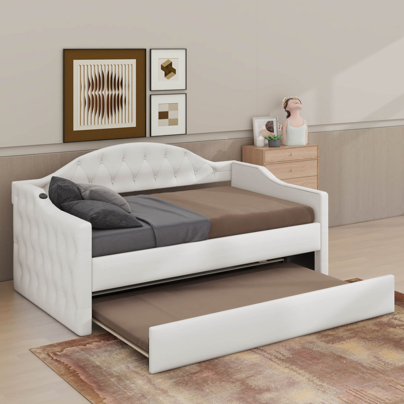 Lit de jour rembourré avec couchette, Beige, Lit simple