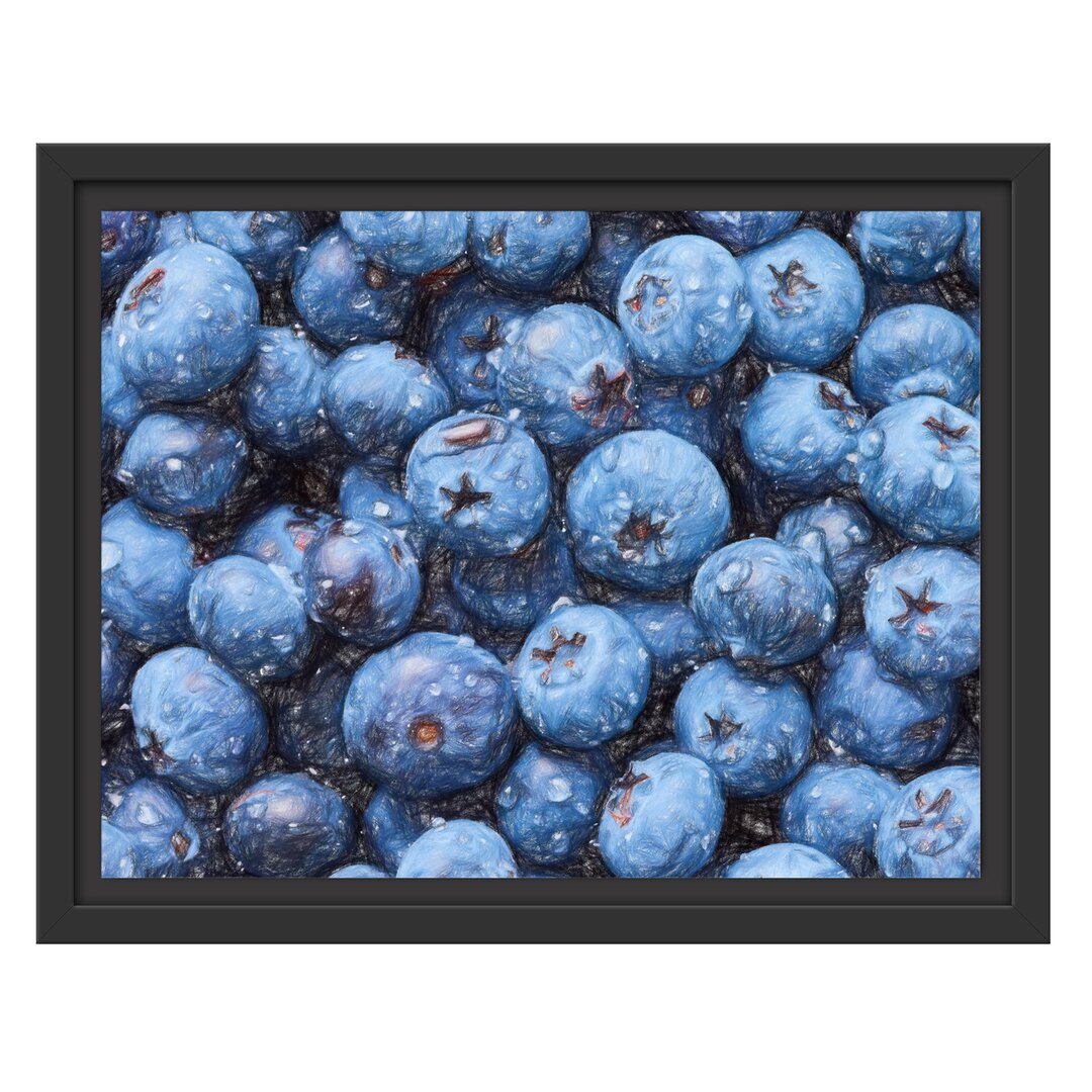 Gerahmtes Wandbild Blaubeeren mit Wassertropfen