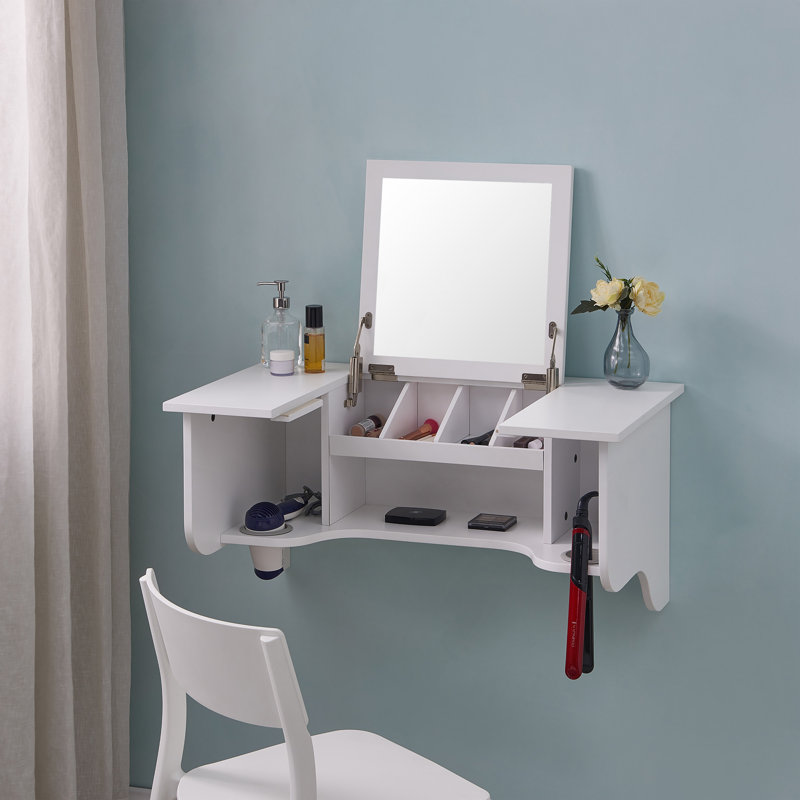 Wall Mount Ledge W/ Vanity Mirror - Transitional Style - White