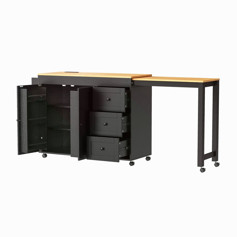 74.8" Kitchen Island With Extendable Dining Table, Kitchen Storage Cart With 3 Drawers, Power Outlet, Rolling Kitchen Island On Wheels With Spice Rack And 2 Door Cabinet, For Kitchen