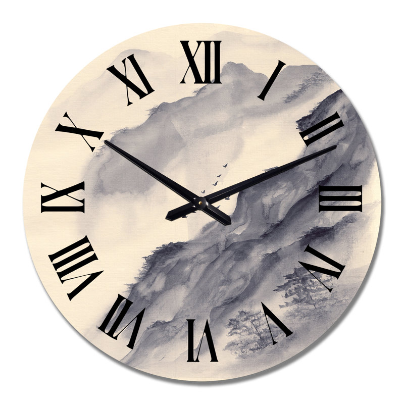 Montagnes asiatiques grises avec oiseaux - horloge murale moderne, Moyen