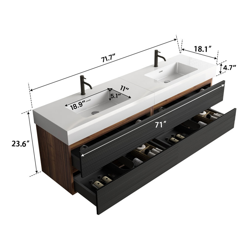 Meuble-lavabo 72 po (36 po * 2) avec lavabo à surface solide d'ingénierie et tiroirs souples, meuble-lavabo mural flottant, lavabo une pièce