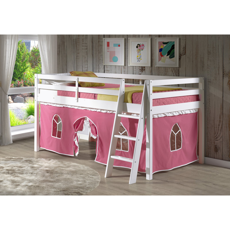 Lit mezzanine simple en bois Roxy - cadre blanc avec tente inférieure rose, Rose, Blanc