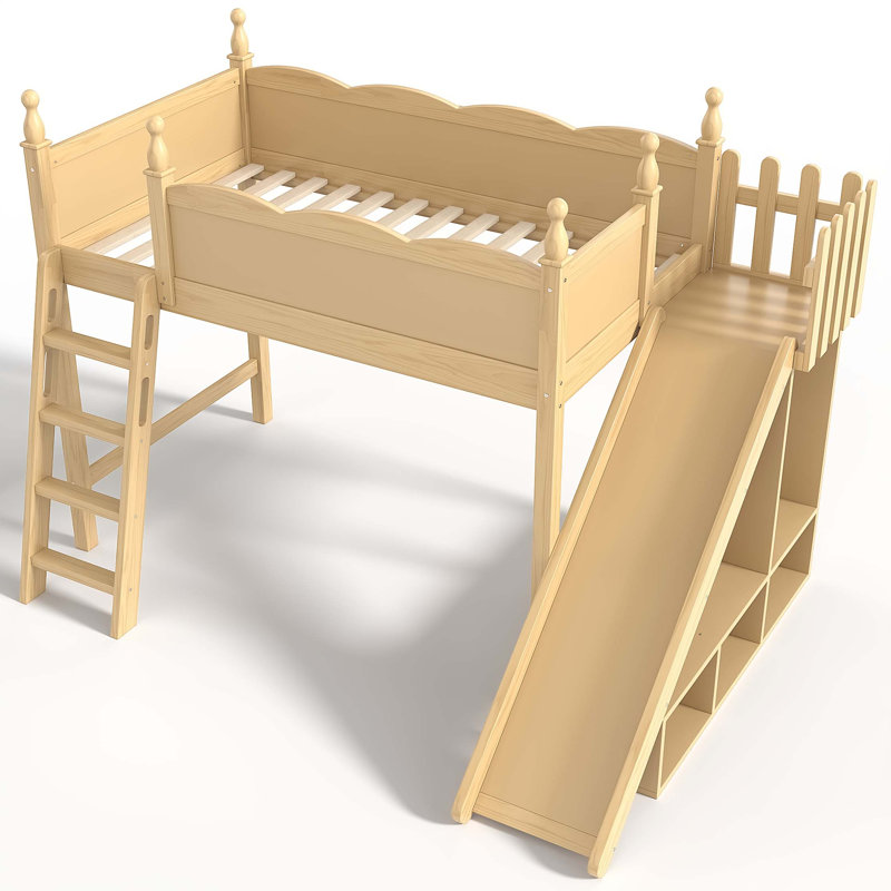 Lit mezzanine simple avec tablettes de rangement et garde-robe, structure en bois massif avec glissière amovible, aucun sommier nécessaire