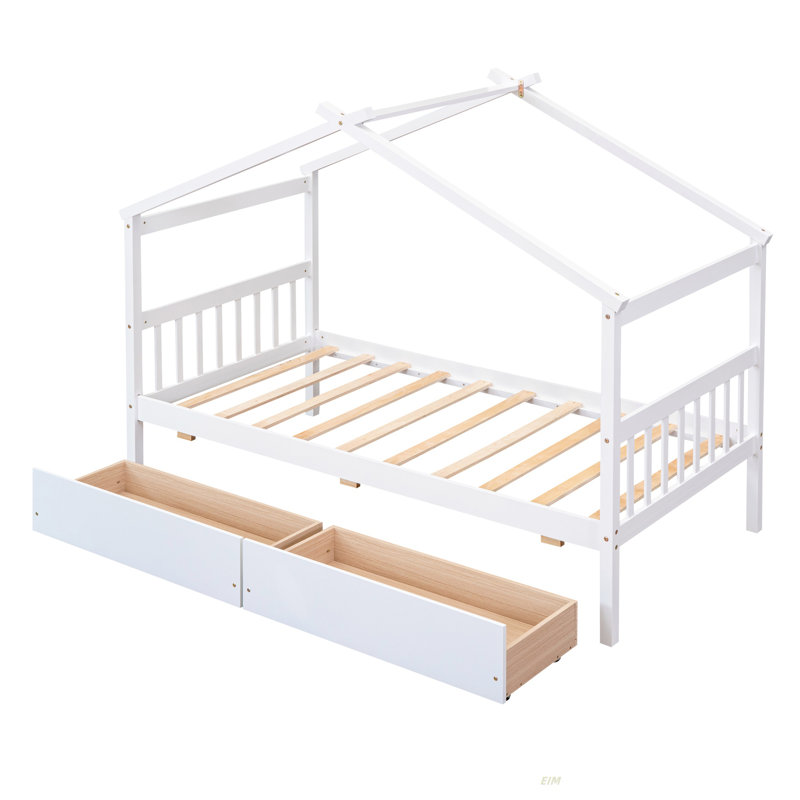 Lit simple en bois avec tiroirs (lit), Blanc