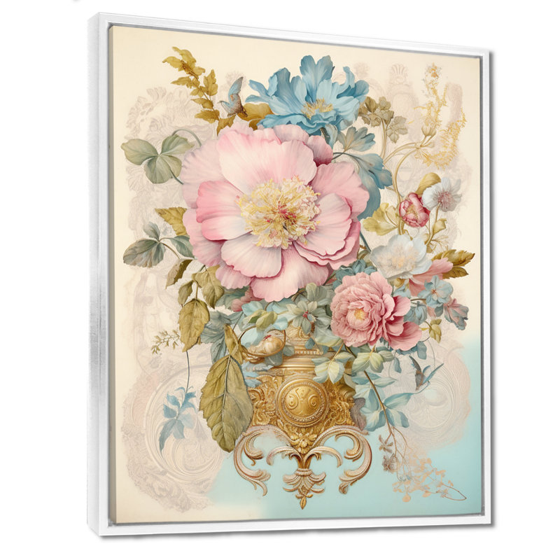 Art mural rétro avec fleurs squelettes roses - autres plantes et fleurs, Cadre flottant blanc, bois massif, H 44 po x l 34 po