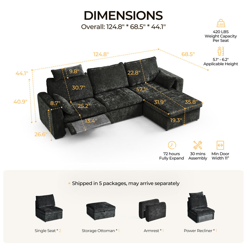 4-seater Chenille Oversized Power Recliner Sofa With Headrest, Extra Wide Modular Cloud Sectional Reclining Couch, Convertible With Storage Ottoman For Home Theater Living Room