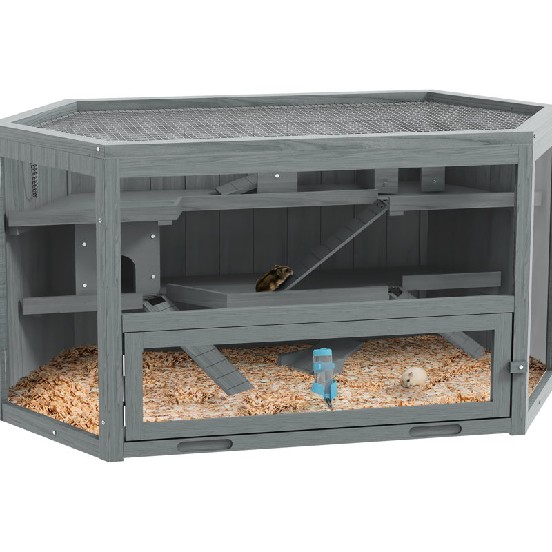 Hamster en bois gris caché - 3 niveaux avec balançoires à bascule, bouteille d'eau, plateau amovible idéal pour la détente des petits animaux de compagnie et jouer dans une grande cage près du plateau, centre d'activités pour animaux