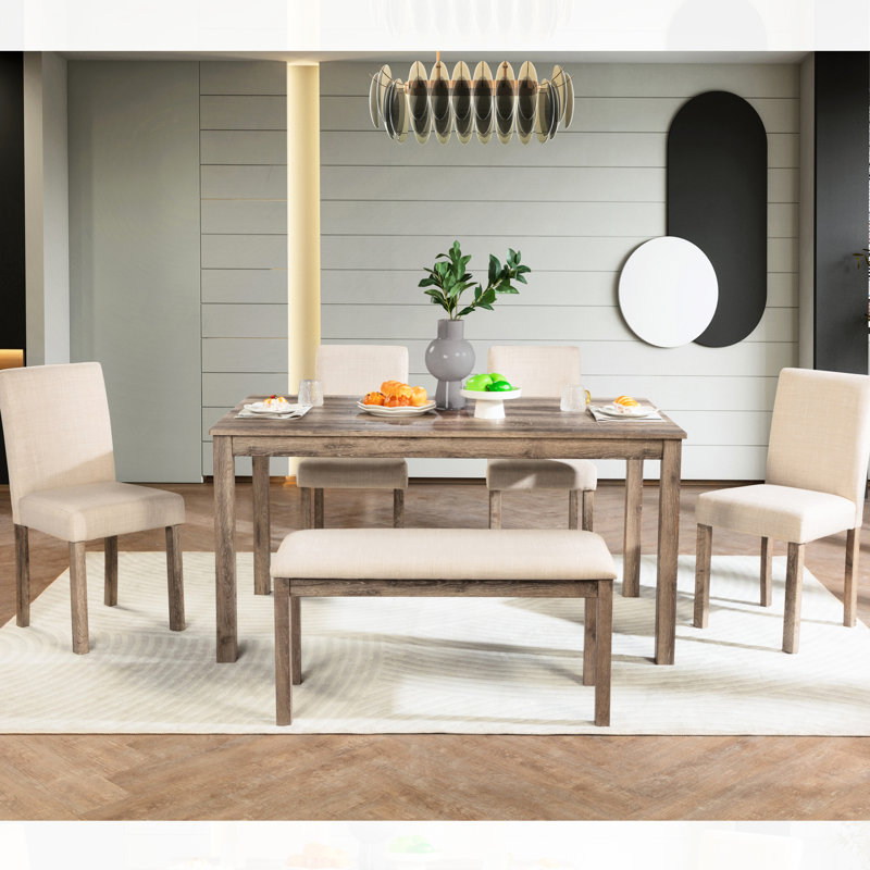 6 tables de salle à manger (brun) - thème rustique avec table en bois, banc, fabrication en bois 4 chaises, aspect de cuisine de qualité, plateau
