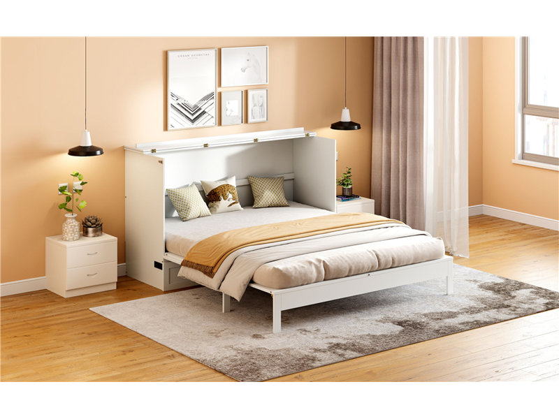 Grand lit escamotable avec grands tiroirs, blanc