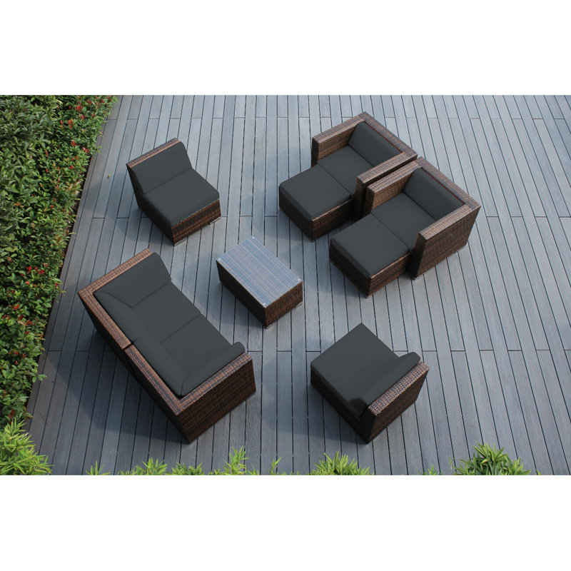 Bannan Wicker 6 - Person Seating Group with Cushions - No Assembly, Supercrylic Gray, Mixed Brown