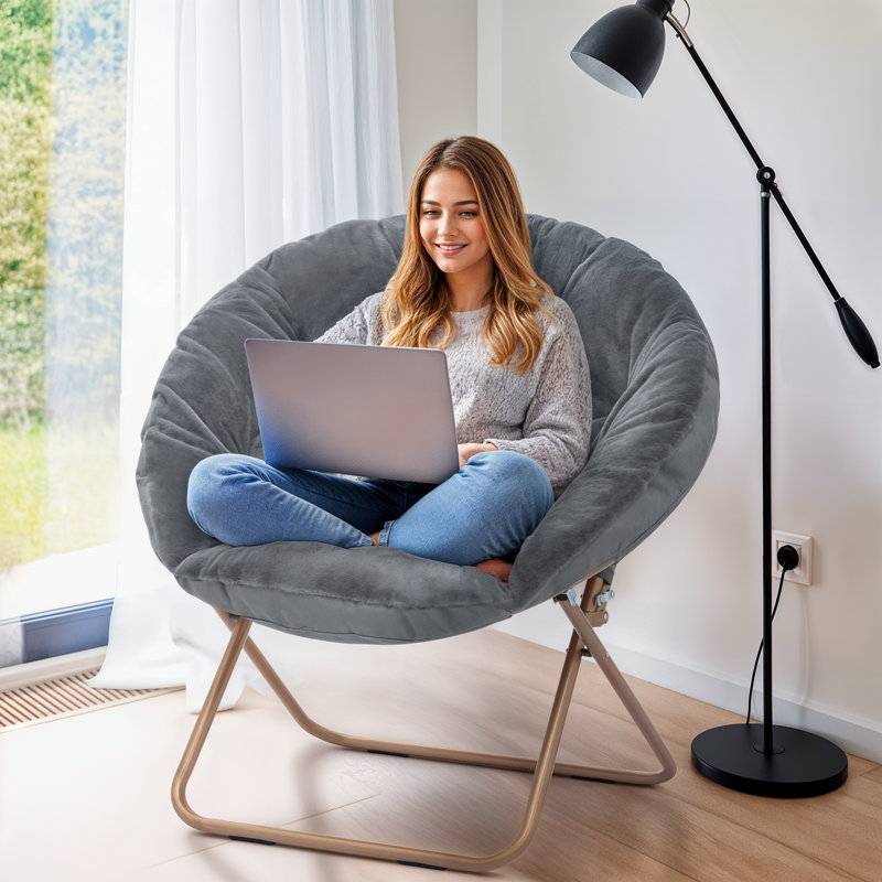 Chaise d'appoint pliante ronde et pliable pour chaise de salle à manger Papasan, Fausse fourrure grise, Bronze, Non