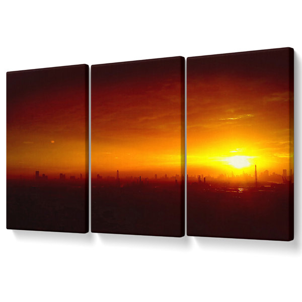 Ebern Designs Sunset Over The City - 3 Piece Wrapped Canvas Print ...
