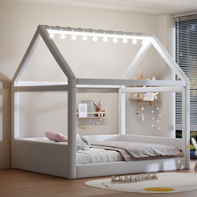 House Daybed With LED Lights, Full Upholstered Kids Bed Frame