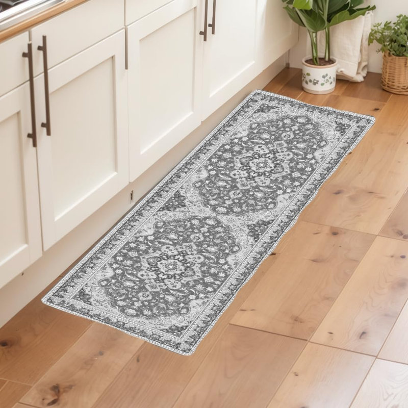 Washable Area Rug for Living Room, Bedroom, Dining, Vintage, Non-Slip, Stain-Resistant, Grey, Runner 2' x 6'