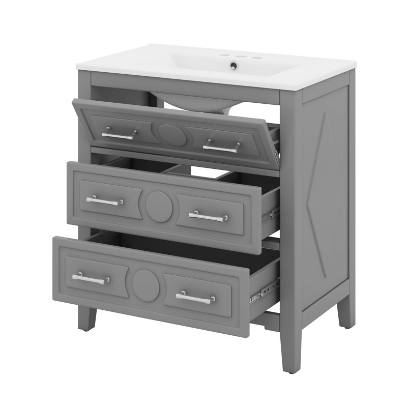 Ensemble de meuble-lavabo simple 30 po avec lavabo en céramique 30 po et 3 tiroirs, Gris, Argent argent