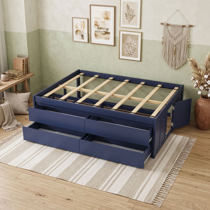 Cadre de lit plateforme à 4 tiroirs avec sommier à lattes et porte de rangement latérale, Full, Navy Blue