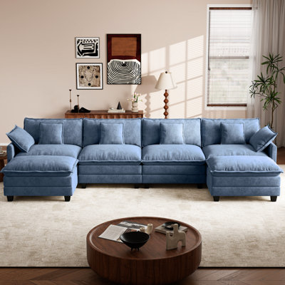 Maney 146.5" Modern 6 Seat Chenille U Shaped Modular Sectional Sofa With Two Ottomans