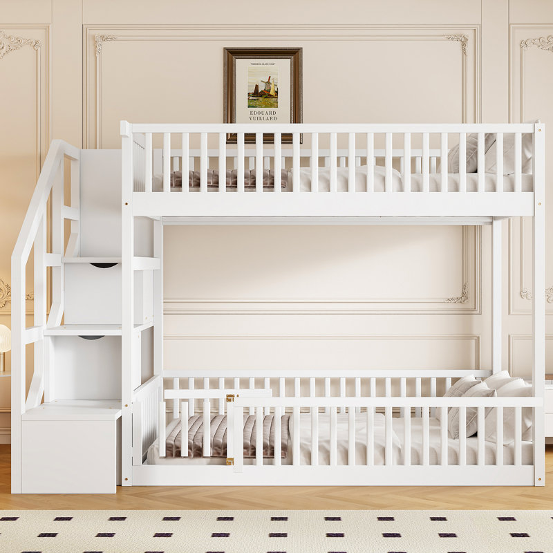 Lit superposé double au-dessus d'un lit double avec escalier de rangement, blanc, Blanc