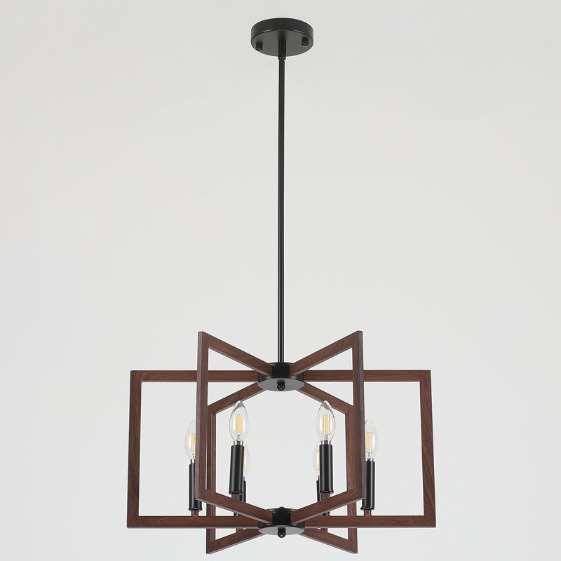 6-Light Dimmable Geometric Square/Rectangle Chandelier, Walnut