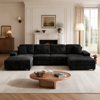 Black Corduroy Convertible U-Shaped Sectional Sofa, Modern Large 4-Seat Sofa with Double Chaise Lounge for Living Room