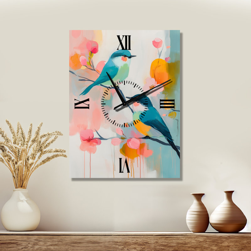 Horloge murale traditionnelle en métal, motif d'oiseaux chinois et fleurs roses d'été, H 32 po x l 24 po - Rectangle