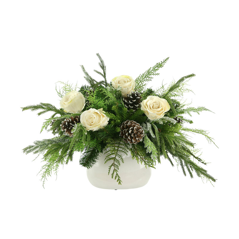 Rose, Evergreen And Cedar Holiday Arrangement