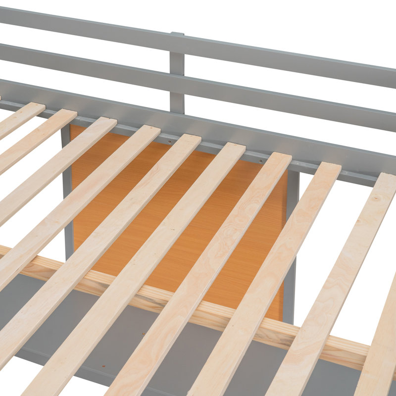 Lit mezzanine gris avec bureau - armoire 2 tiroirs en bois et zone d'écriture en bois massif gris, armoire solide depuis plus de 6 ans