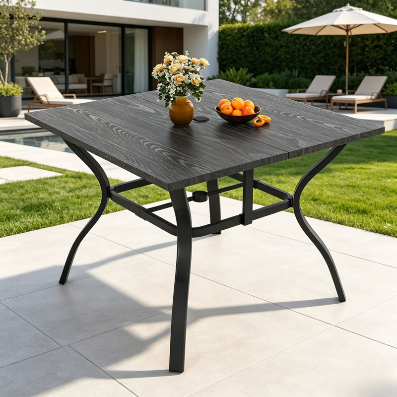 Table rectangulaire en métal 62,99 po x 37,8 po avec trou pour parasol Vintage, Noir